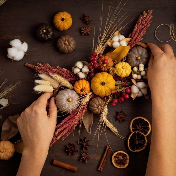 Diy rustic autumn table decoration. Floral interior decor for fall holidays Diy rustic autumn table decoration. Floral interior decor for fall holidays